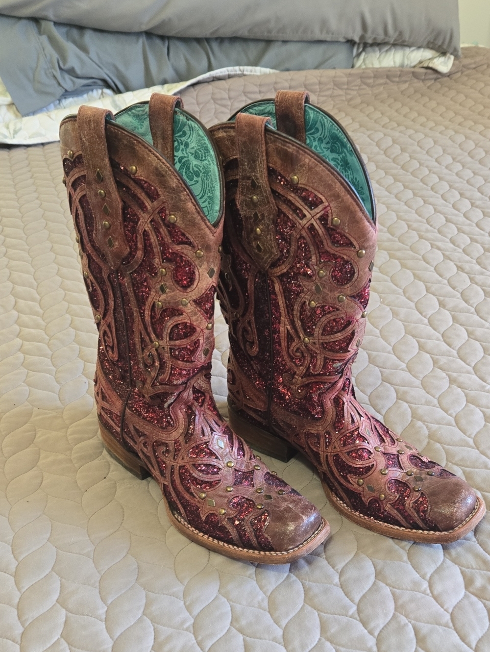 Corral Red Glitter Embroidered Brown Western Heeled Boots